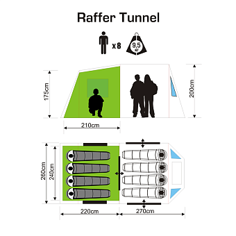 Палатка Raffer Tunnel (90+130+160+115)*260*200cm (TNL-8P)